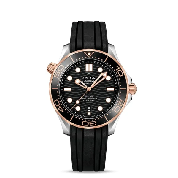 Omega Watches: Swiss Quality You Can Trust –Omega Seamaster 42mm Watch - Ref: 210.22.42.20.01.002 - Black Index Dial in Two Tone Stainless Steel & 18K Rose Gold Case, Black Rubber Strap