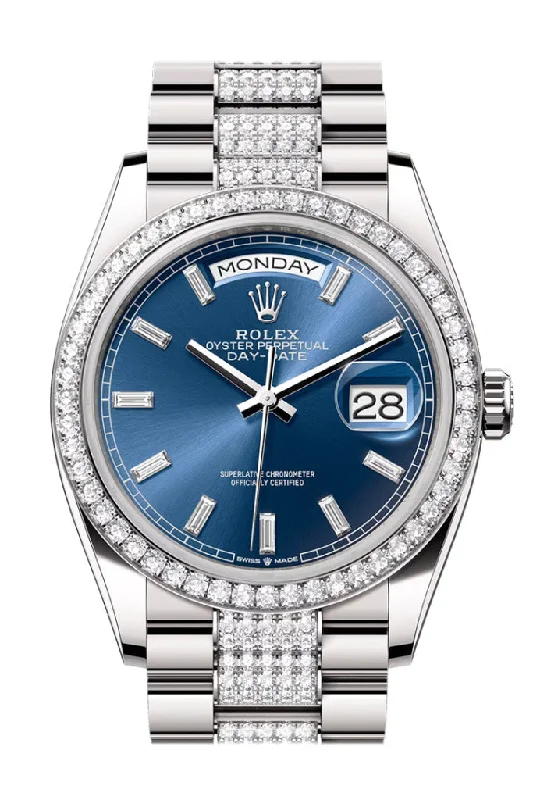 Explore Rolex’s Exclusive Timepiece Collection –Rolex Day Date 36mm Bright Blue Diamond Dial Diamond Bezel White Gold President Diamond Bracelet 128349RBR