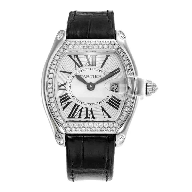 Discover Rare Cartier Timepieces Online –Cartier Roadster 41mm Watch - Ref: WE500260 - Silver Roman Dial & Diamond Bezel in 18K White Gold Case, Black Leather Strap