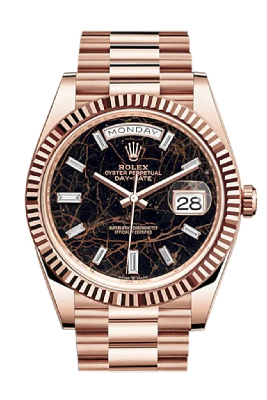 Discover Rolex Watches: A Mark of Excellence –Rolex Day-Date 40 Eisenkiesel 10 Baguette-cut Fluted Dial Diamond Bezel 18K Everose gold President Automatic Men's Watch 228235