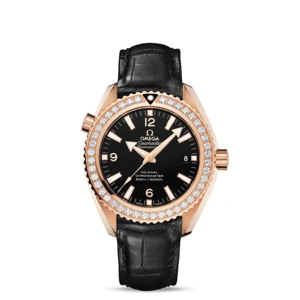 Omega Watches: Swiss Quality You Can Trust –Omega Seamaster 42mm Watch - Ref: 232.58.42.21.01.001 - Black Index Dial & Diamond Bezel in 18K Rose Gold Case, Black Leather Strap