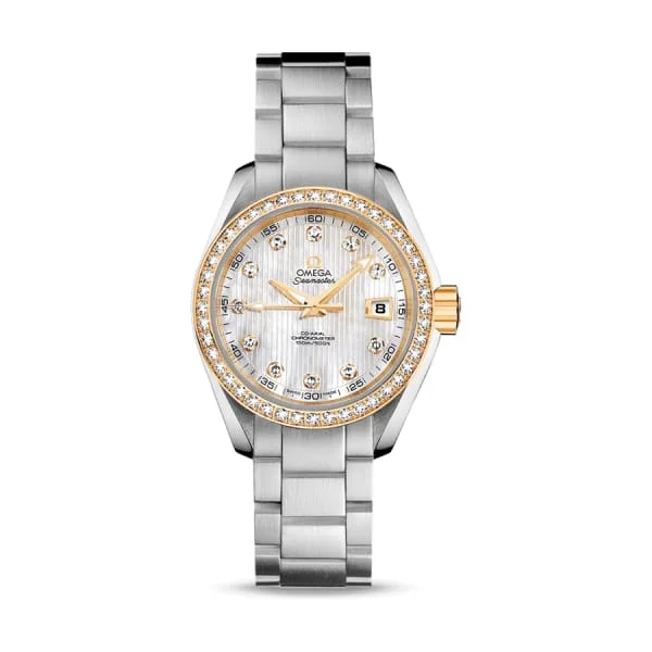 Omega Watches: Precision Timepieces for Every Wrist –Omega Seamaster 30mm Watch - Ref: 231.25.30.20.55.004 - White Mother of Pearl Diamond Index Dial & Diamond Bezel in 18K Yellow Gold Case, Stainless Steel Bracelet