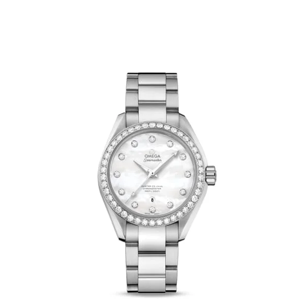 Shop Omega Watches for Unmatched Quality –Omega Seamaster 34mm Watch - Ref: 231.15.34.20.55.002 - White Mother of Pearl Diamond Index Dial & Diamond Bezel, Stainless Steel Bracelet