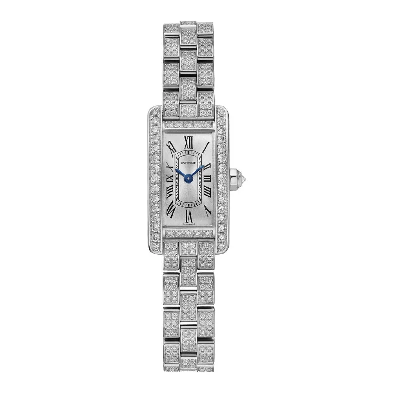 Cartier Watches: A Legacy of Distinction –Cartier Tank Americaine 28mm Women's watch - Ref: WJTA0045 - Silver Roman Dial, 18K White Gold Pave Diamond Bracelet