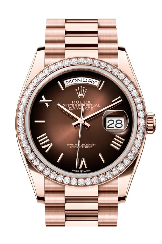 Discover the Art of Rolex Timekeeping –Rolex Day Date 36 Brown Ombre Roman Dial Diamond Bezel Rose Gold President Bracelet 128345RBR