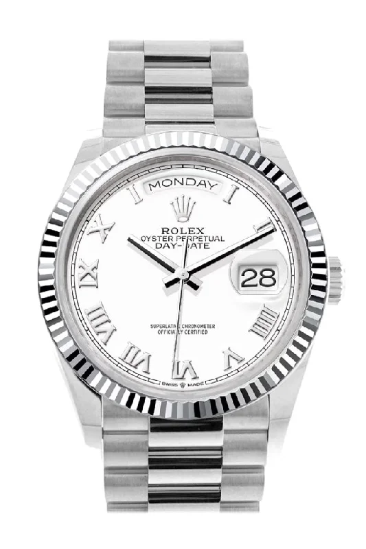 Shop Rolex Watches for Luxury That Lasts –Rolex Day-Date 36 White Dial Fluted Bezel Platinum President Watch 128236 DC