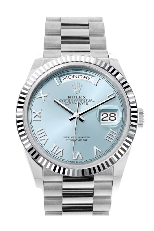 Shop Rolex Watches for Every Lifestyle –Rolex Day-Date 36 Ice Blue Roman Dial Fluted Bezel Platinum President Watch 128236 DC