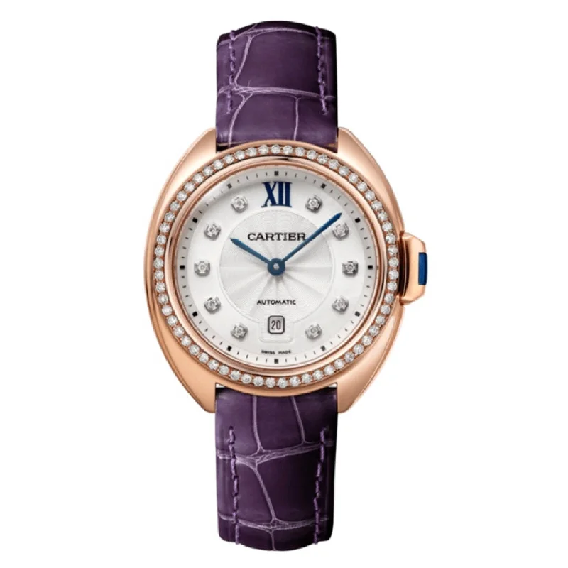 Discover Rare Cartier Timepieces for Sale –Cartier Cle de Cartier 31mm Women's watch - Ref: WJCL0038 - Silver Diamond Roman Dial & Diamond Bezel in 18K Rose Gold Case, Aubergine Alligator Strap