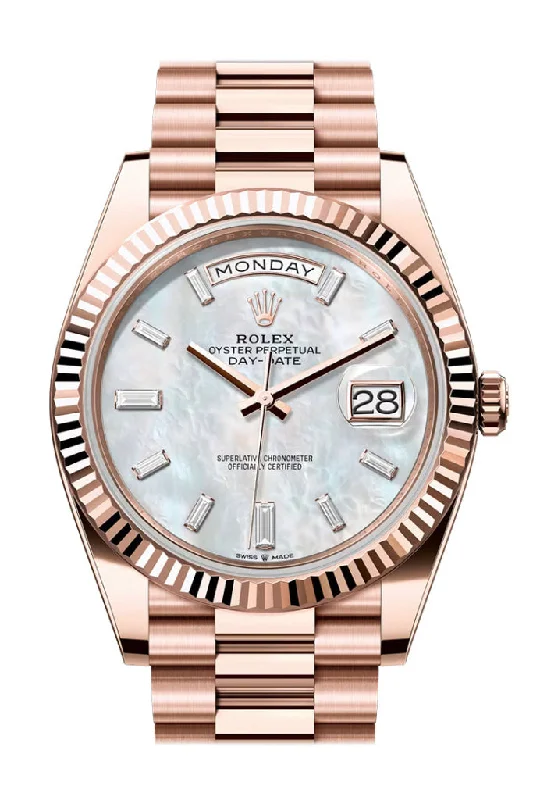 Shop Rolex Watches for Lasting Value –Rolex Day Date 40 White MOP Diamond Dial Fluted Bezel Rose Gold President Bracelet 228235