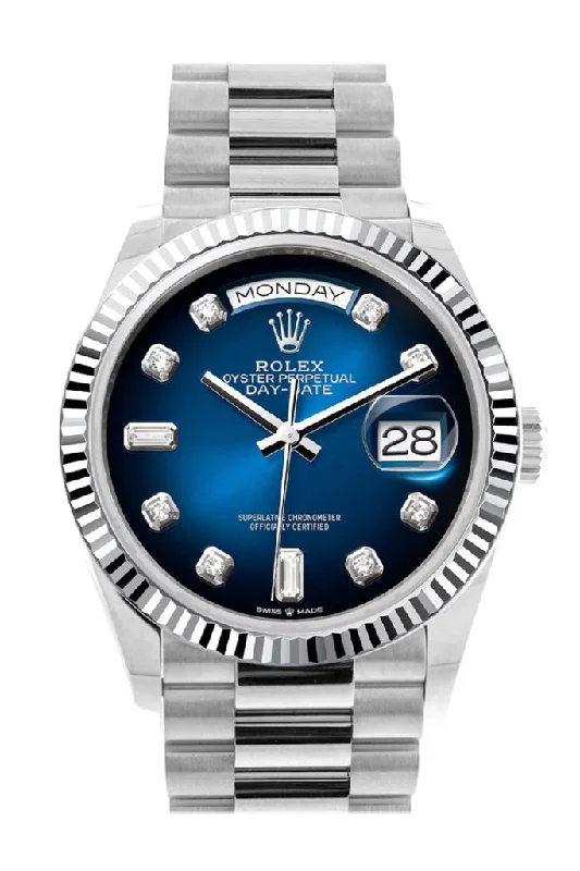 Timeless Rolex Watches for the Watch Enthusiast –Rolex Day-Date 36 Blue ombré Diamond Dial Fluted Bezel Platinum President Watch 128236