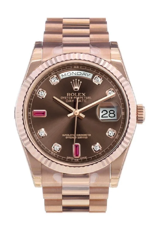 Rolex Watches: A True Luxury Investment –Rolex Day-Date 36 Chocolate set with diamonds and rubies Dial Fluted Bezel President Everose Gold Watch 118235