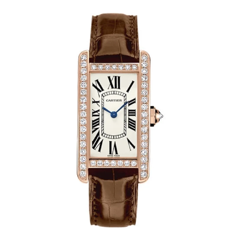 Cartier Watches: Timeless Elegance –Cartier Tank Americaine 34.8mm Watch - Ref: WJTA0002 - Silver Roman Dial & Diamond Bezel in 18K Rose Gold Case, Brown Alligator Strap