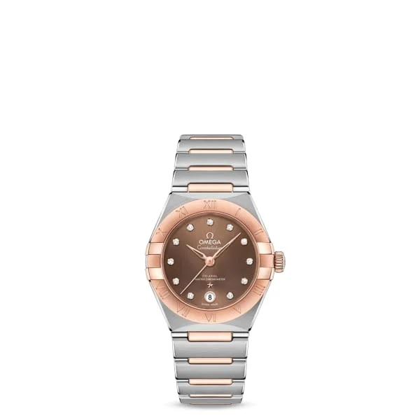 Omega Watches: Designed for the Sophisticated –Omega Constellation 29mm Watch - Ref: 131.20.29.20.63.001 - Brown Diamond Index Dial & 18K Rose Gold Bezel, Two Tone Stainless Steel & 18K Rose Gold Bracelet