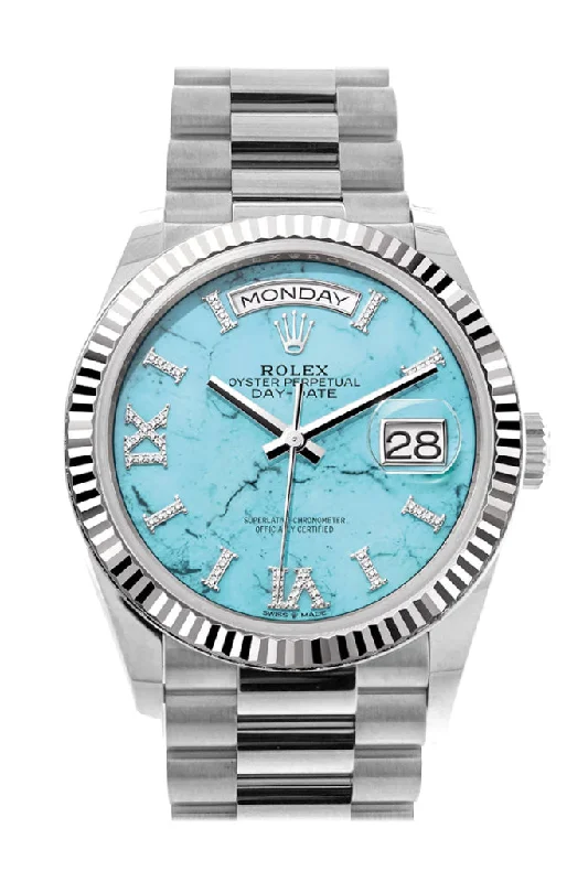 Shop for Classic Rolex Watches Today –Rolex Day-Date 36 Turquoise Diamond Dial Fluted Bezel White gold President Watch 128239