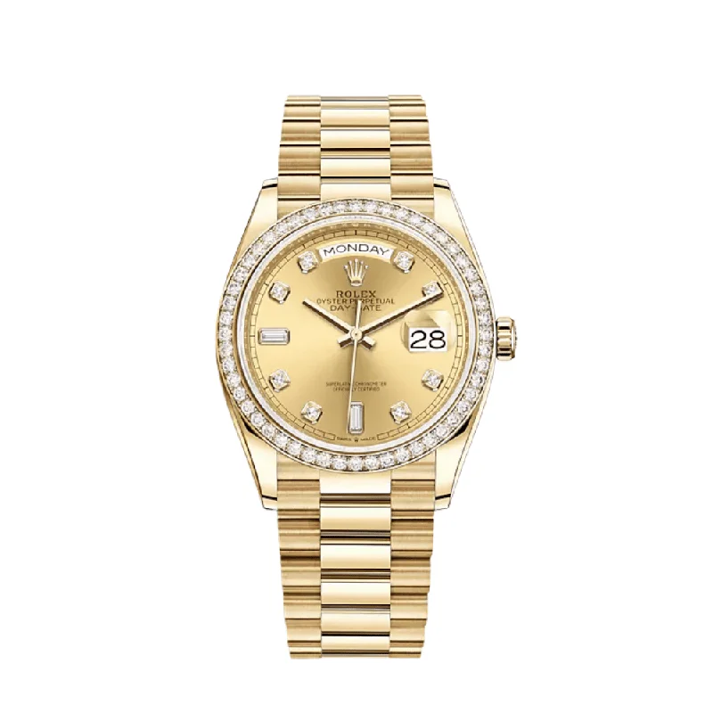 Rolex Watches: Built for the Elite –Rolex Day-Date 128348RBR Yellow Gold Diamond Bezel Champagne Diamond Dial