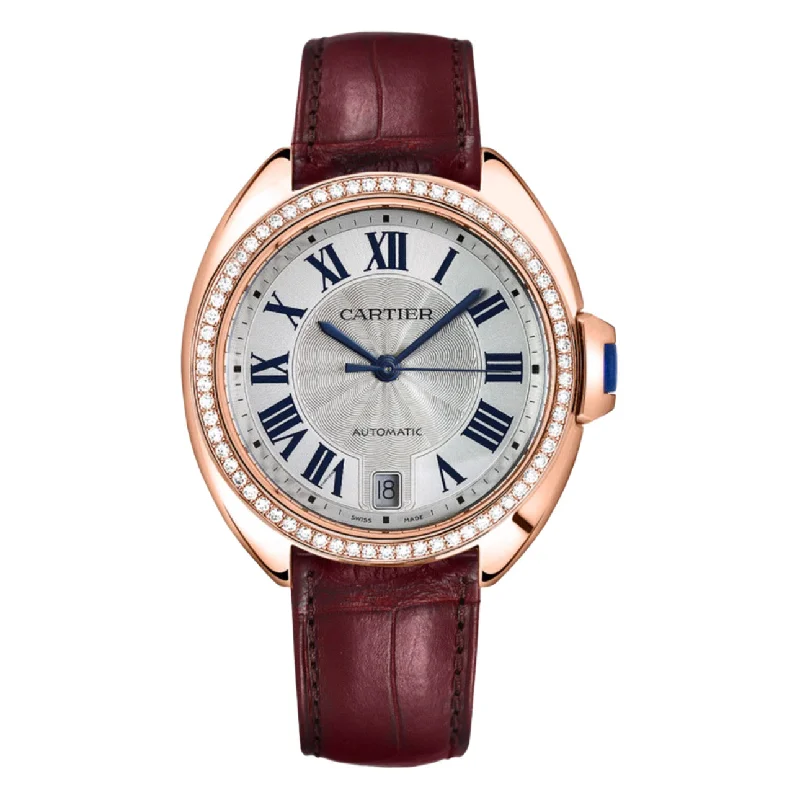 Explore Cartier’s Timeless Watch Collection –Cartier Cle de Cartier 35mm Women's watch - Ref: WJCL0013 - Silver Roman Dial & Diamond Bezel in 18K Rose Gold Case, Bordeaux Leather Strap