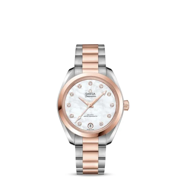 Shop Omega Watches for Timeless Quality and Value –Omega Seamaster 34mm Watch - Ref: 220.20.34.20.55.001 - White Mother of Pearl Diamond Index Dial, Two Tone Stainless Steel & 18K Rose Gold Bracelet