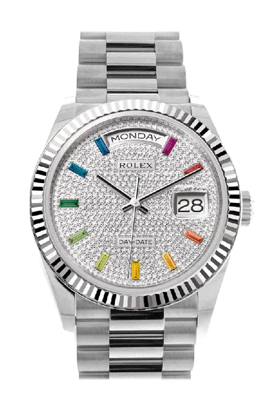 Shop Rolex Watches with Impeccable Quality –Rolex Day-Date 36 Diamond Paved Dial Fluted Bezel White gold President Watch 128239