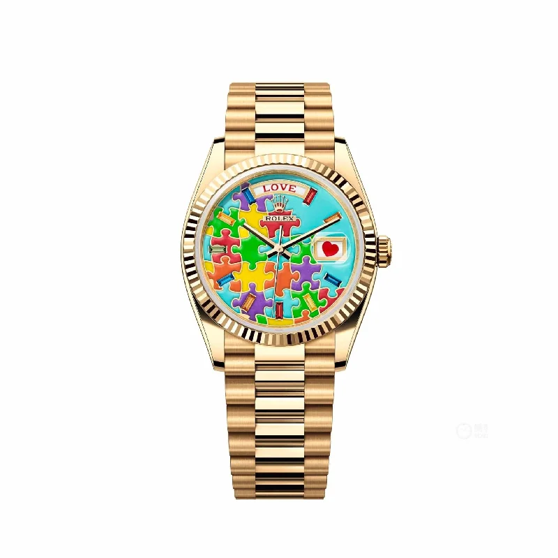 Shop Rolex Watches with Classic Appeal –Rolex Day-Date 128238-0106 'Emoji Puzzle' Yellow Gold