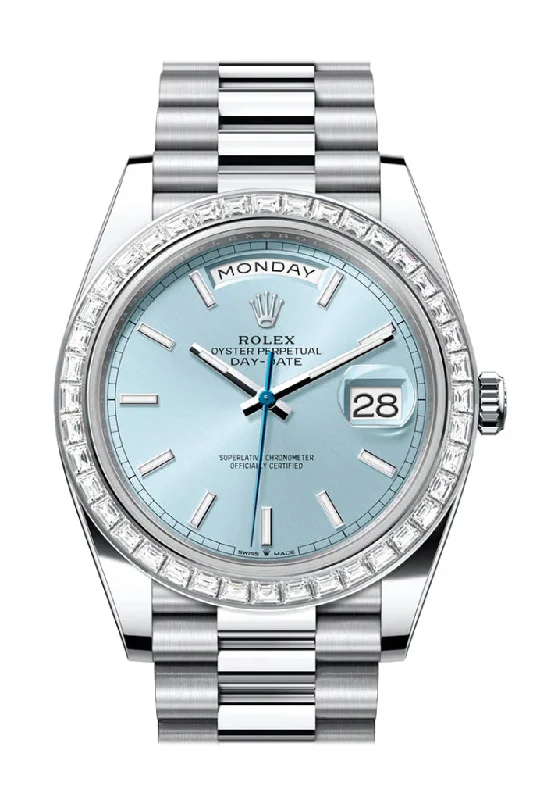 Rolex Watches: Legendary Style and Quality –Rolex Day-Date 40 Ice Blue Dial Baguette Diamond Bezel Platinum President Men's Watch 228396TBR