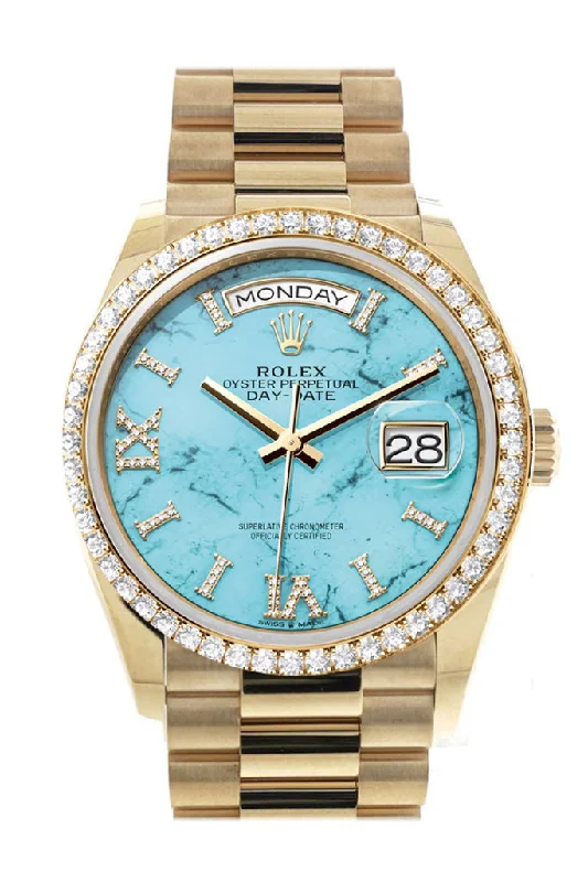 Discover Rolex’s Signature Timepieces –Rolex Day-Date 36 Turquoise Dial Gold Diamond Bezel Watch 128348RBR-0037 128348RBR