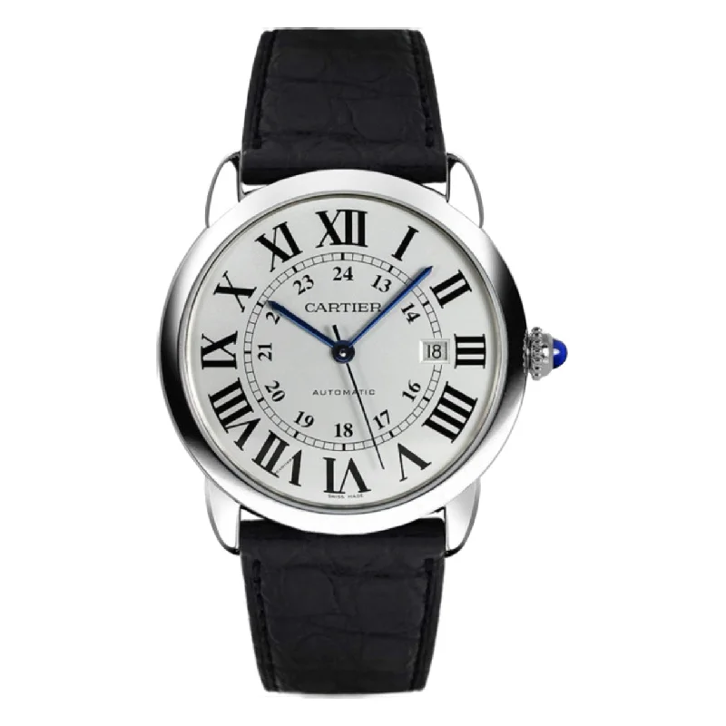 Explore the Best Cartier Watches for Investment –Cartier Ronde Solo de Cartier 42mm Watch - Ref: W6701010 - Silver Roman & Arabic Dial, Black Leather Strap