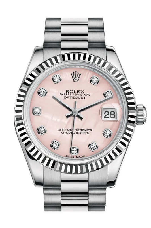 Discover Rolex Watches with Timeless Appeal –Rolex Datejust 31 Pink mother-of-pearl Diamond Dial Fluted Bezel 18K White Gold President Ladies Watch 178279 Pre-owned