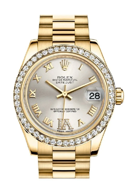 Discover Rolex Watches for the True Watch Collector –Rolex Datejust 31 Silver Large VI Diamond Dial Diamond Bezel 18K Yellow Gold President Ladies Watch 178288 Pre-owned