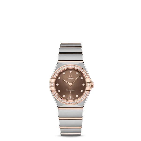 Discover Omega’s Signature Timepieces –Omega Constellation 28mm Watch - Ref: 131.25.28.60.63.001 - Brown Diamond Index Dial & Diamond Bezel, Two Tone Stainless Steel & 18K Rose Gold Bracelet