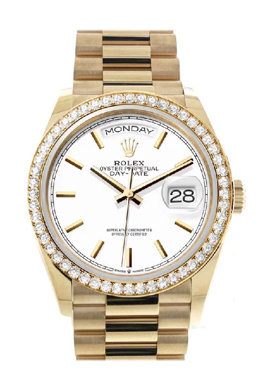 Swiss Rolex Watches for Precision Lovers –Rolex Day-Date 36 White Dial Gold Diamond Bezel Watch 128348RBR-0047 128348RBR