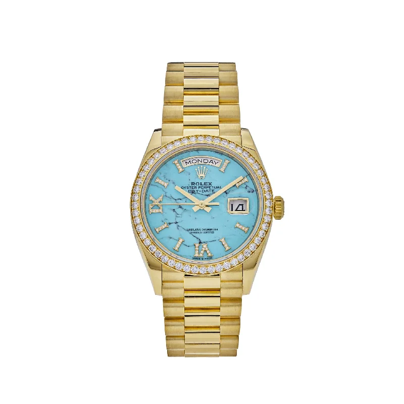 Discover Rolex’s Masterpieces of Watchmaking –Rolex Day-Date 128348RBR Yellow Gold Diamond Bezel Turquoise Diamond Dial