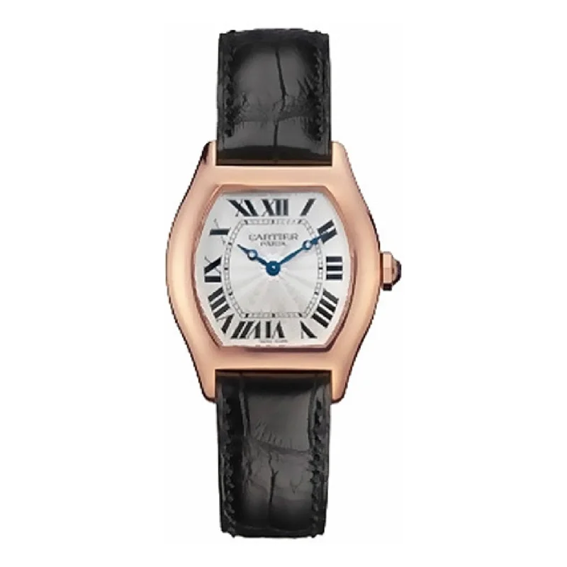 Discover Cartier Watches for Luxury and Craftsmanship –Cartier Cartier Tortue 28mm Women's watch - Ref: W1540251 - Silver Roman Dial in 18K Rose Gold Case, Black Leather Strap