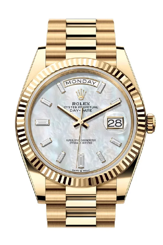 Timeless Rolex Watches with Legendary Appeal –Rolex Day Date 40 White MOP Diamond Dial Fluted Bezel Yellow Gold President Bracelet 228238