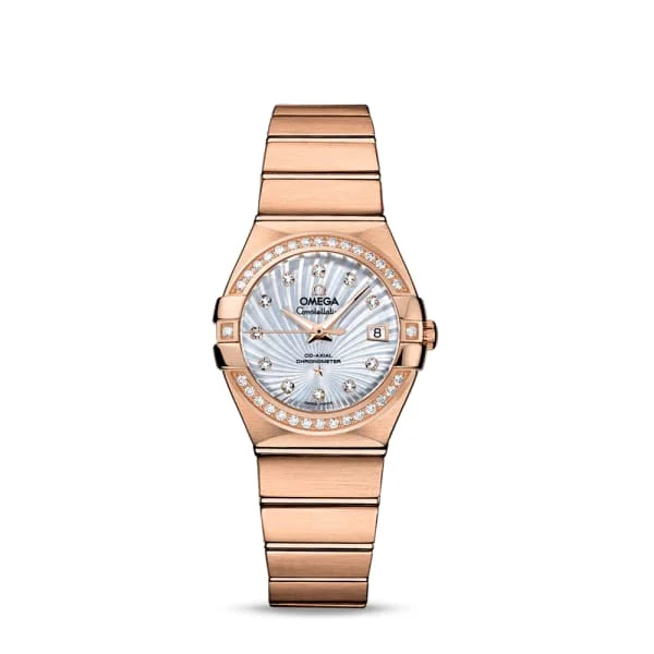 Discover Omega Watches for Ultimate Craftsmanship –Omega Constellation 27mm Watch - Ref: 123.55.27.20.55.001 - White Mother of Pearl Diamond Index Dial & Diamond Bezel, 18K Rose Gold Bracelet