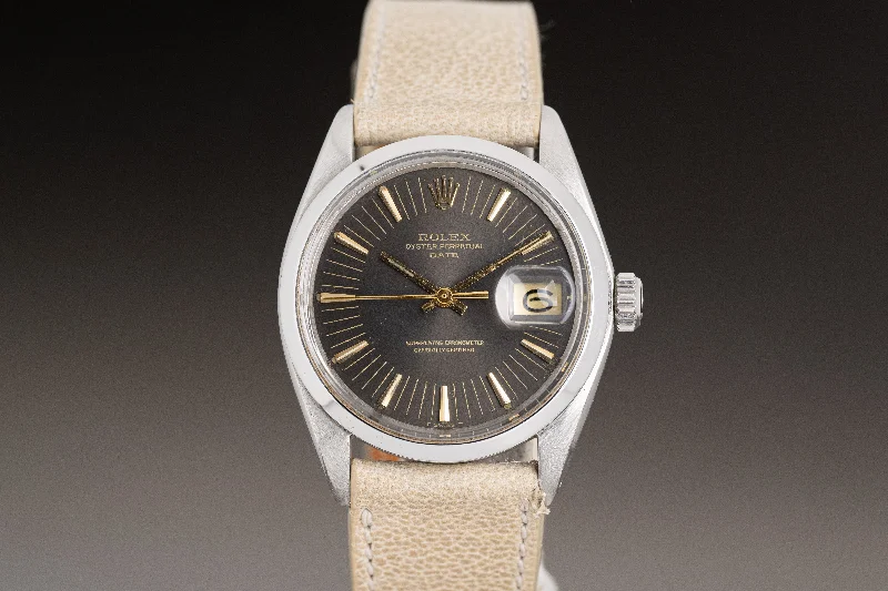 Shop Rolex Watches for Timeless Craftsmanship –1971 Rolex Date Model 1500 with Gray Dial, Gilt Hands, Gilt Baton Markers on Strap with Service Papers