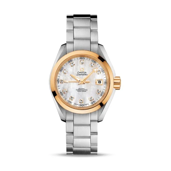 Omega Watches: Swiss Precision and Elegance –Omega Seamaster 30mm Watch - Ref: 231.20.30.20.55.004 - White Mother of Pearl Diamond Index Dial & 18K Yellow Gold Bezel, Stainless Steel Bracelet