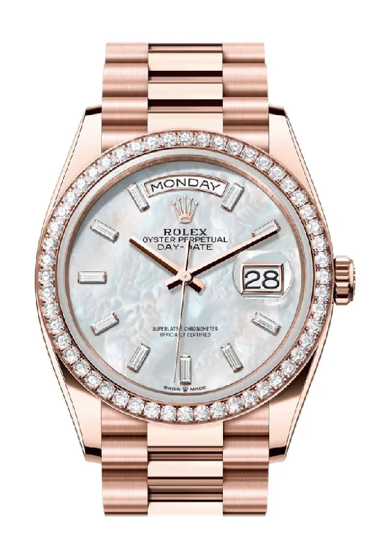 Rolex Watches: Masterpieces of Swiss Craftsmanship –Rolex Day Date 36 White MOP Diamond Dial Diamond Bezel Rose Gold President Bracelet 128345RBR