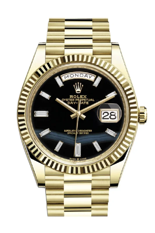 Rolex Watches: Where Luxury Meets Precision –Rolex Day-Date 40 Onyx 10 Baguette Diamond Dial 18K Yellow Gold President Men's Watch 228238