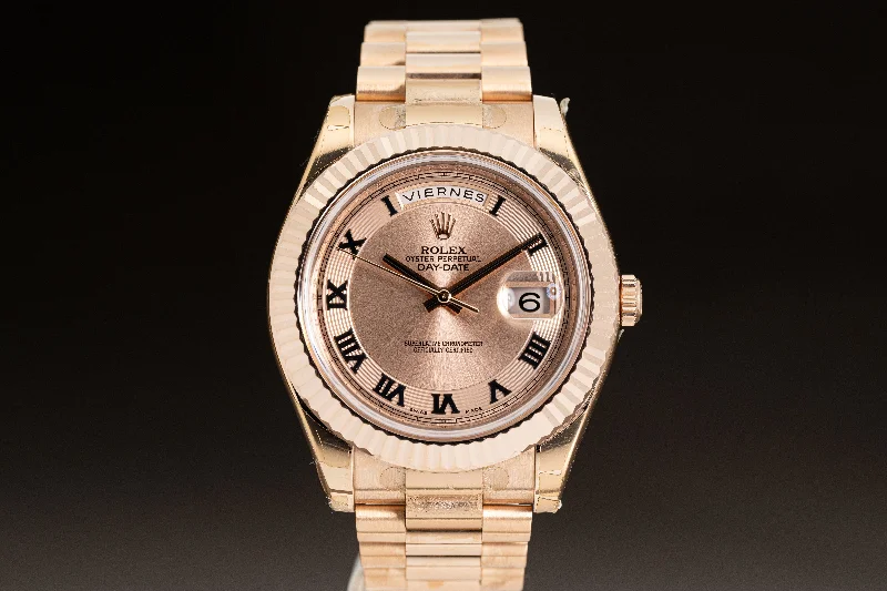 Explore Rolex’s Masterpieces of Timekeeping –2010 Rolex 218235 18k Rose Gold Day-Date 41mm with Rose Dial & Black Roman Numerals,  Box, Card & Hangtags