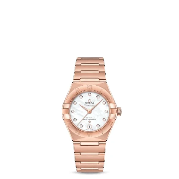 Find Rare Omega Models Online –Omega Constellation 29mm Watch - Ref: 131.50.29.20.55.001 - White Mother of Pearl Diamond Index Dial, 18K Rose Gold Bracelet