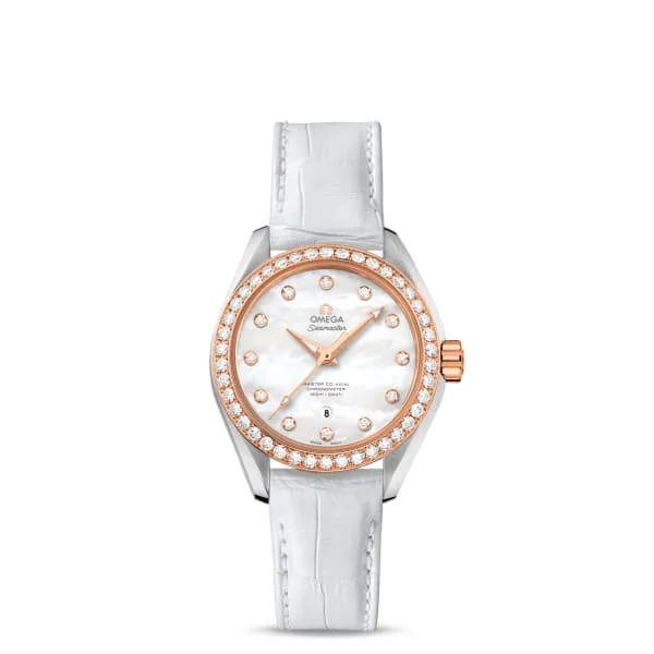 Omega Watches: Precision Timepieces for Every Wrist –Omega Seamaster 34mm Watch - Ref: 231.28.34.20.55.003 - White Mother of Pearl Diamond Index Dial & Diamond Bezel in Two Tone Stainless Steel & 18K Rose Gold Case, White Leather Strap