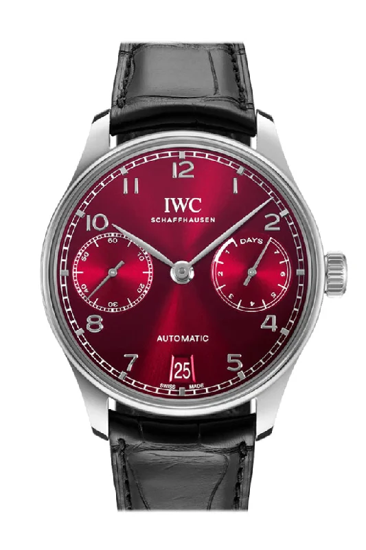 Discover the Best IWC Timepieces Now –IWC Portuguese 7 Day Power Reserve Burgundy Dial Stainless steel Watch IW500714