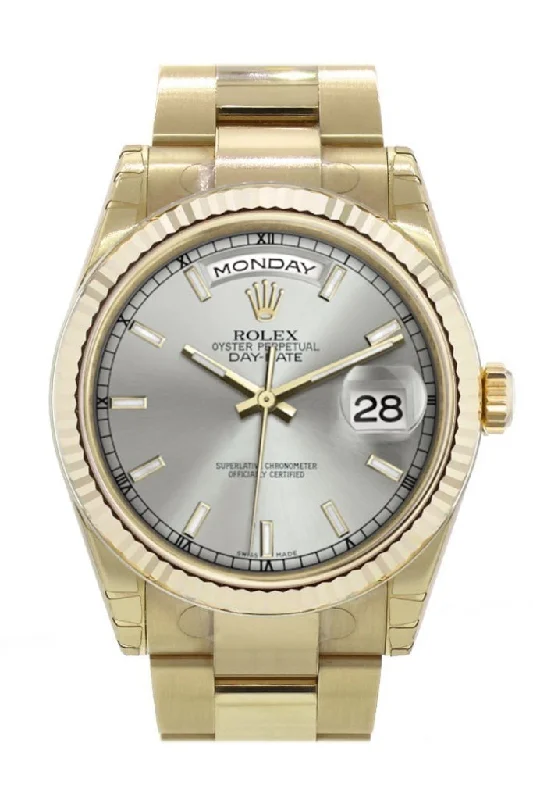 Discover Rolex Watches for the Perfect Gift –Rolex Day-Date 36 Silver Dial Fluted Bezel Yellow Gold Watch 118238