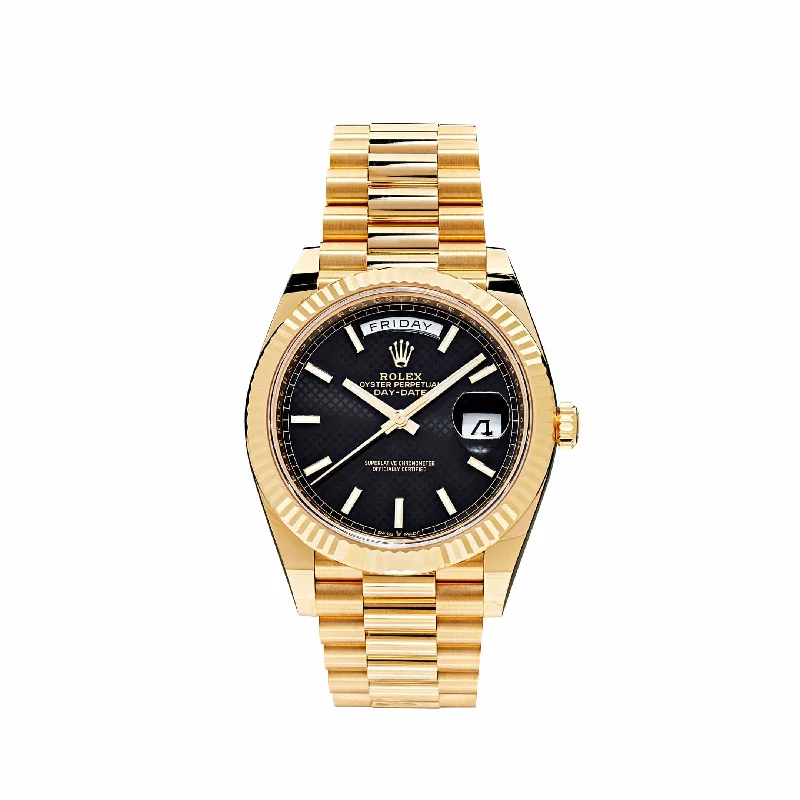 Find Iconic Rolex Watches for Every Wrist –Rolex Day-Date 228238 Yellow Gold Black Diagonal Motif Dial