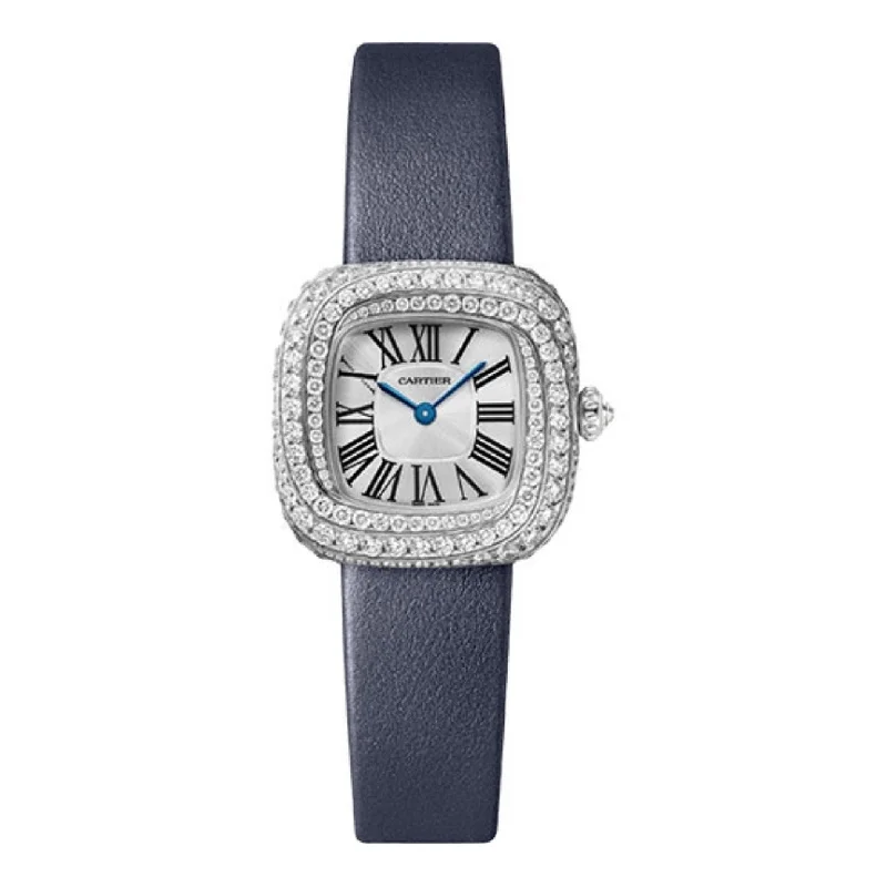 Discover Cartier Watches with Exceptional Design –Cartier Coussin de Cartier 27.7mm Women's watch - Ref: WJCS0002 - Silver Roman Dial & Diamond Bezel in 18K White Gold Case, Blue Calfskin Strap