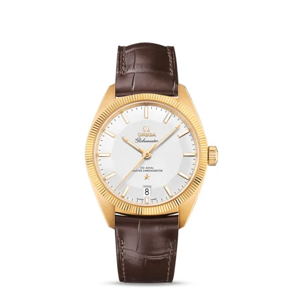 Find Exclusive Omega Watches for Sale –Omega Constellation 39mm Watch - Ref: 130.53.39.21.02.002 - White Index Dial & 18K Yellow Gold Fluted Bezel, Brown Leather Strap