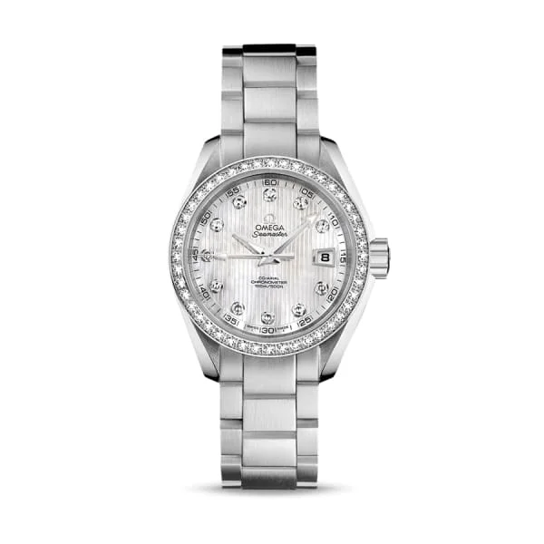 Find Exclusive Omega Models for Sale –Omega Seamaster 30mm Watch - Ref: 231.15.30.20.55.001 - White Mother of Pearl Diamond Index Dial & Diamond Bezel, Stainless Steel Bracelet