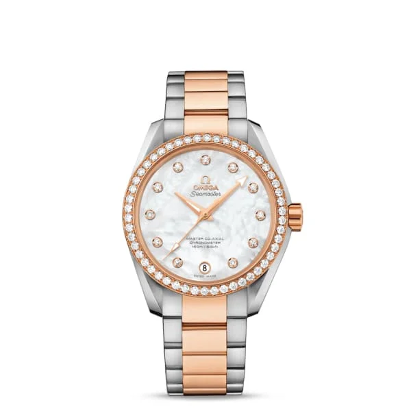 Shop Omega Watches for Ultimate Craftsmanship –Omega Seamaster 39mm Watch - Ref: 231.25.39.21.55.001 - White Mother of Pearl Diamond Index Dial & Diamond Bezel, Two Tone Stainless Steel & 18K Rose Gold Bracelet