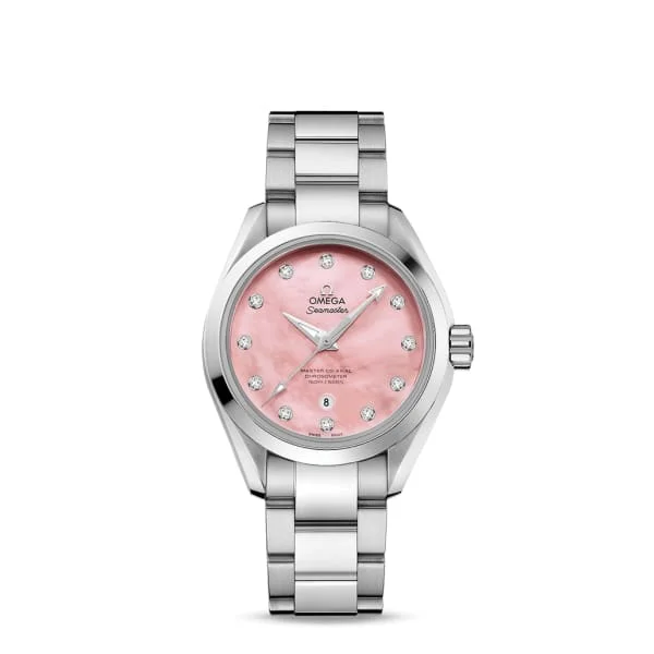 Shop Omega Watches for the Perfect Timepiece –Omega Seamaster 34mm Watch - Ref: 231.10.34.20.57.003 - Pink Mother of Pearl Diamond Index Dial, Stainless Steel Bracelet