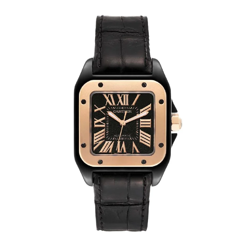 Shop Cartier Watches for the Ultimate Statement –Cartier Santos 100 51.1mm  Watch - Ref: W2020009 - Black Roman Dial & 18K Rose Gold Bezel, Black Leather Strap